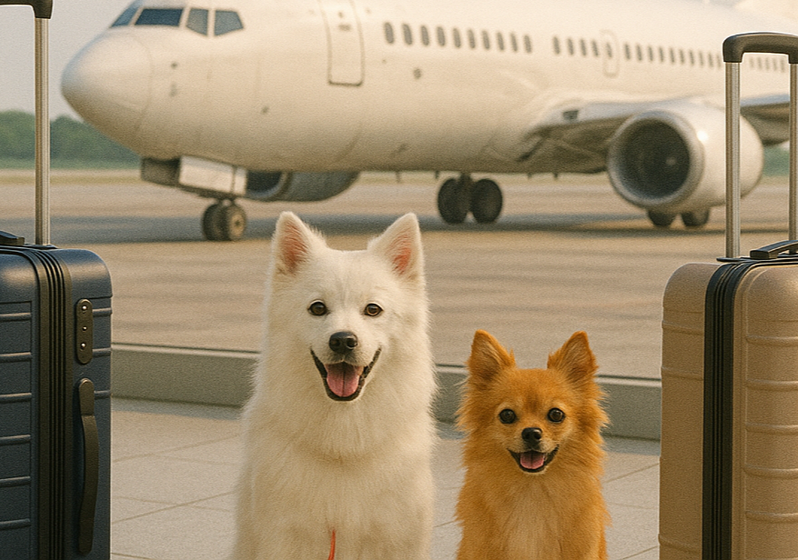 AI generated image of two dogs, luggage, airplane